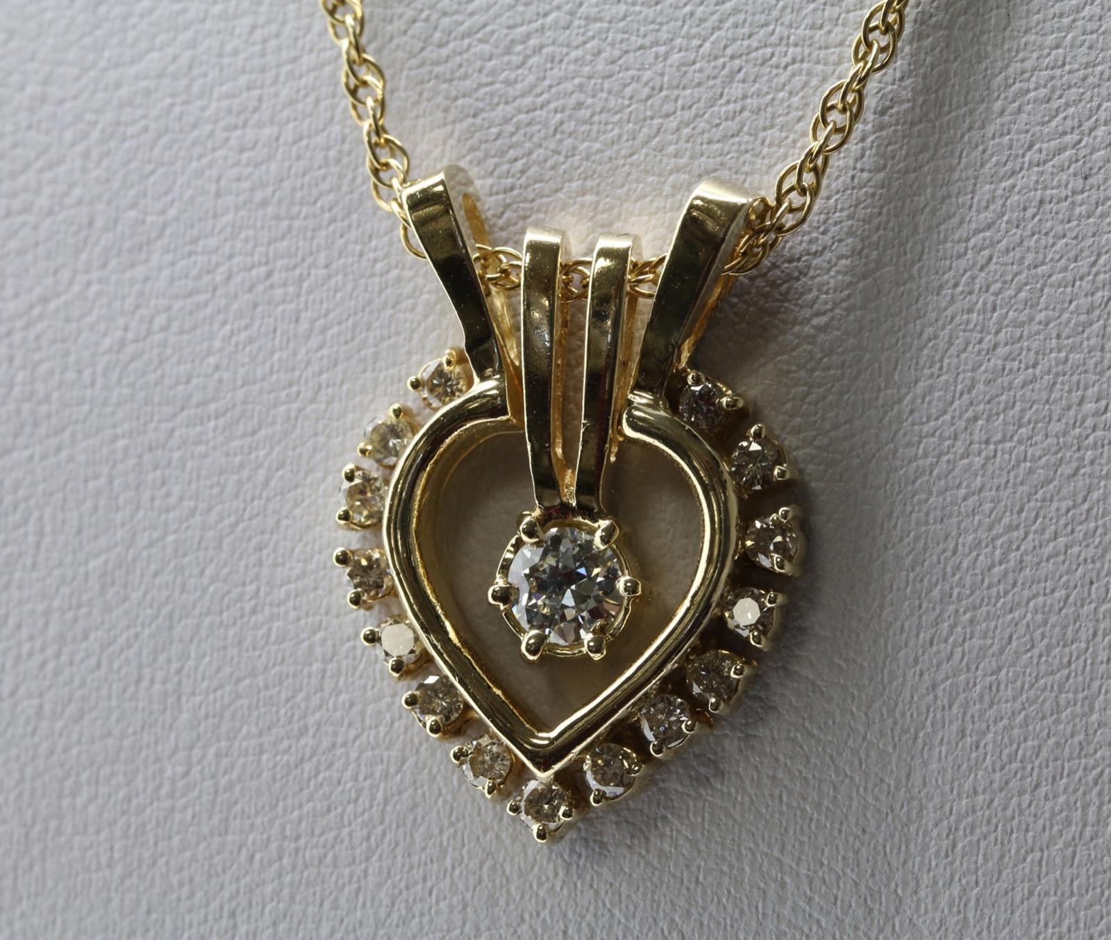 Gold & 16 Diamond Necklace w/ Solitaire Pure 14k YG Two-Piece Pendant 24” Chain