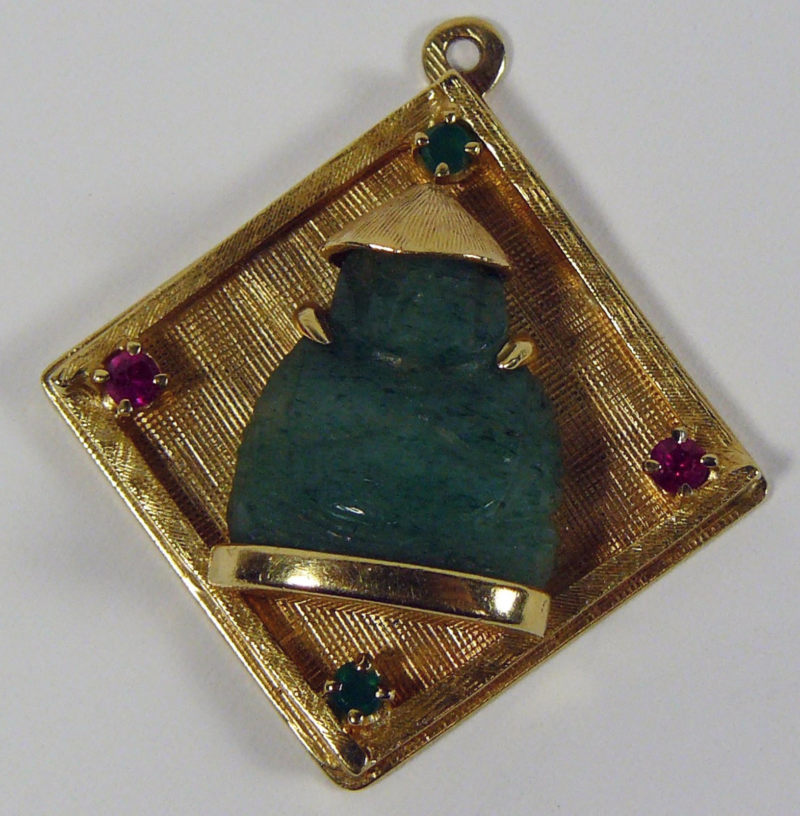 Carved Jade Buddha Pendant 14k Gold 8.6g Unisex Design Chinese w/ Gemstones 