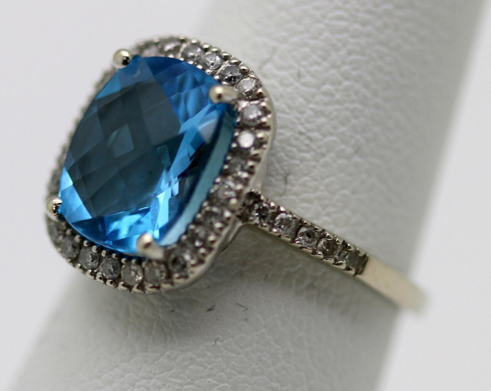 EMA White Gold Ring w/ Cushion Cut Blue Topaz & Diamonds Halo, 14Kt, Size 5.25