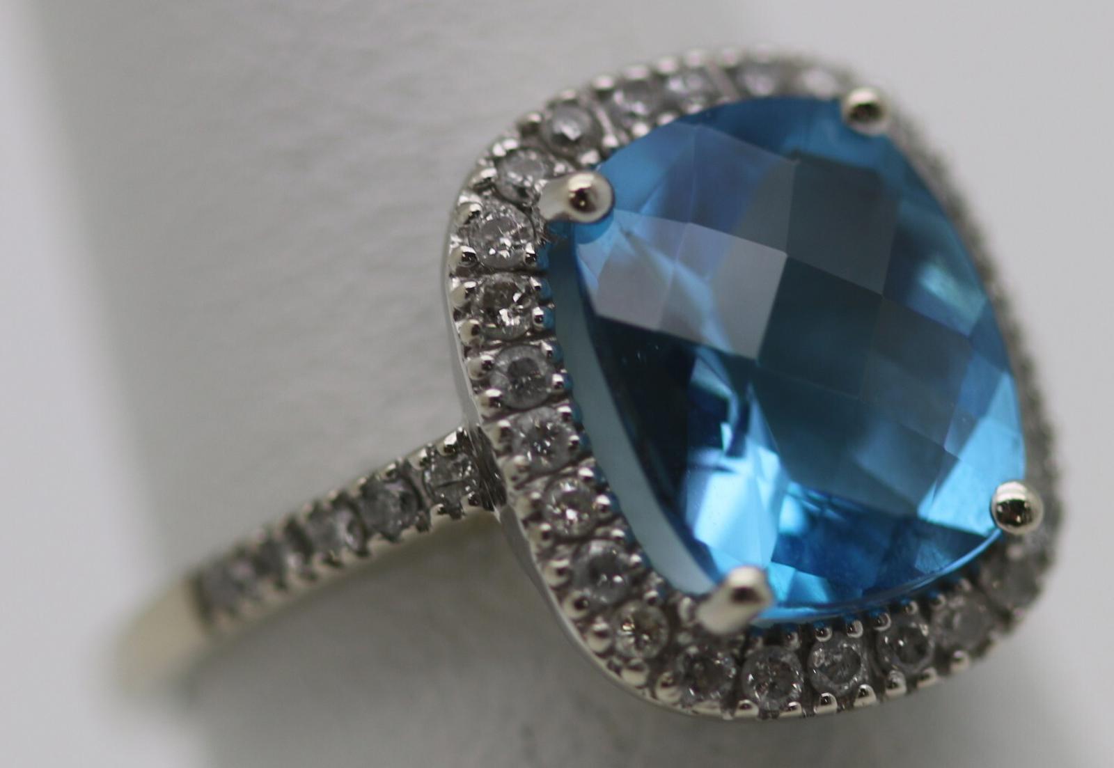 EMA White Gold Ring w/ Cushion Cut Blue Topaz & Diamonds Halo, 14Kt, Size 5.25