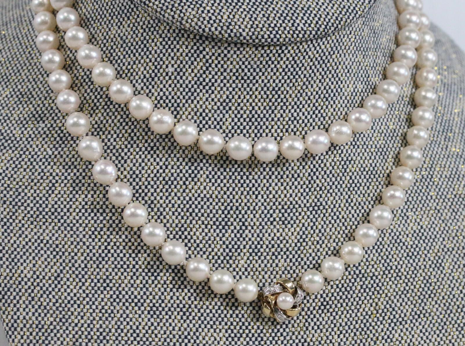 Vintage Flower Clasp Pearl Necklace 14k Gold w/ Diamonds 36" Cultured 8-8.5mm