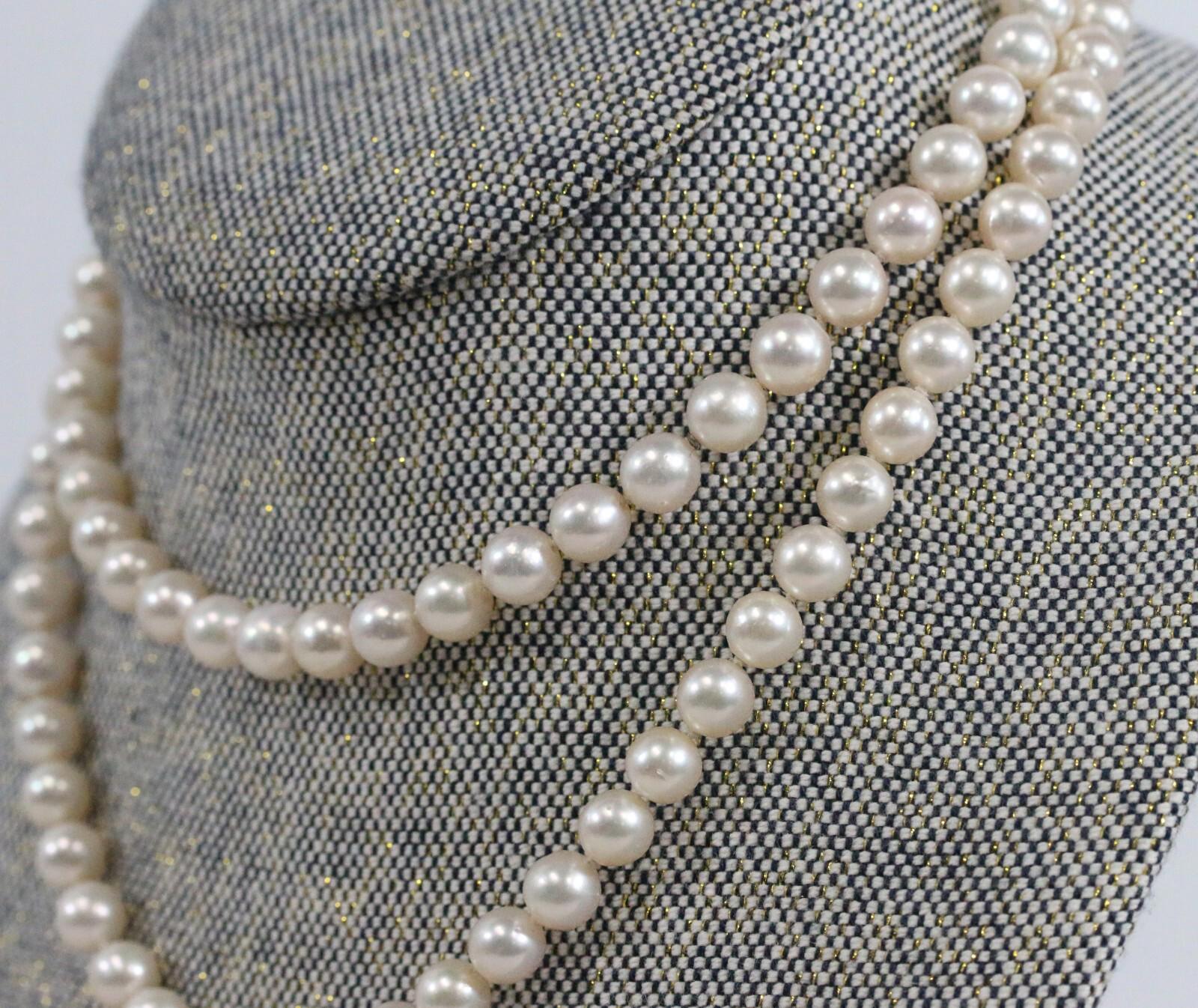Vintage Flower Clasp Pearl Necklace 14k Gold w/ Diamonds 36" Cultured 8-8.5mm