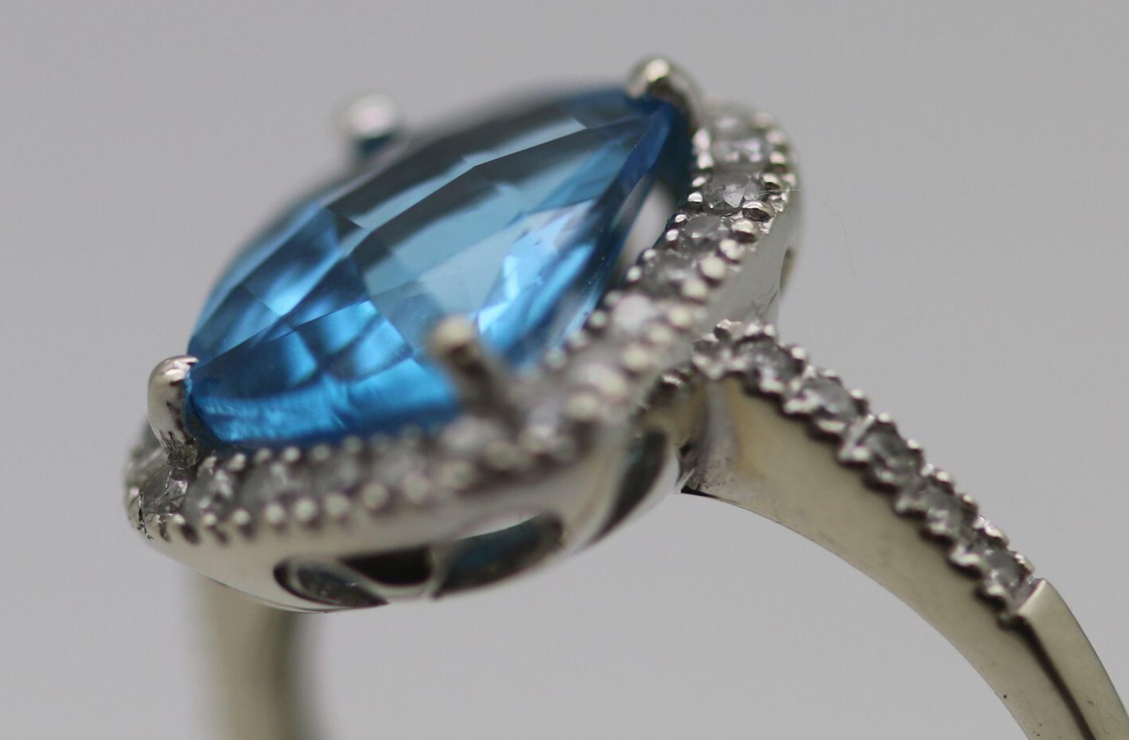 EMA White Gold Ring w/ Cushion Cut Blue Topaz & Diamonds Halo, 14Kt, Size 5.25