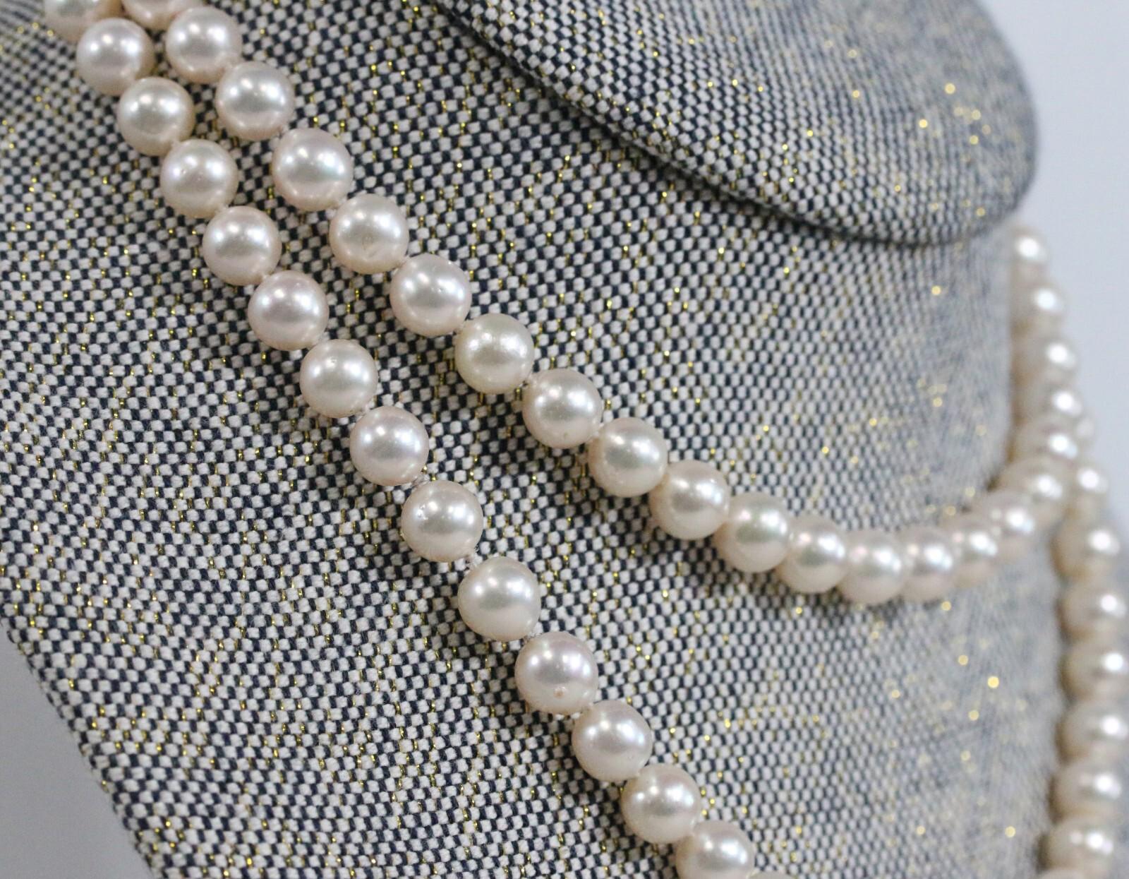 Vintage Flower Clasp Pearl Necklace 14k Gold w/ Diamonds 36" Cultured 8-8.5mm