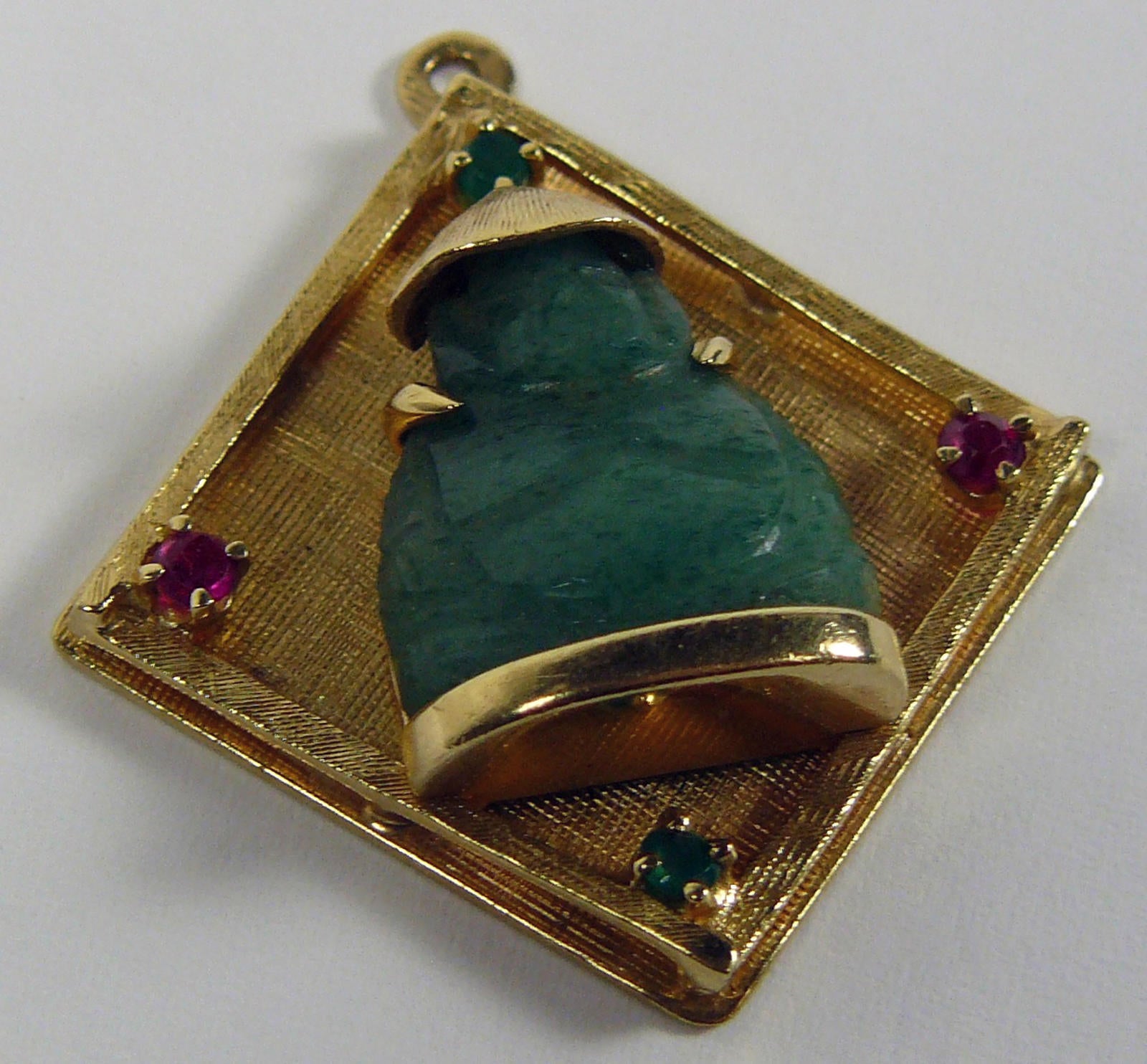 Carved Jade Buddha Pendant 14k Gold 8.6g Unisex Design Chinese w/ Gemstones 