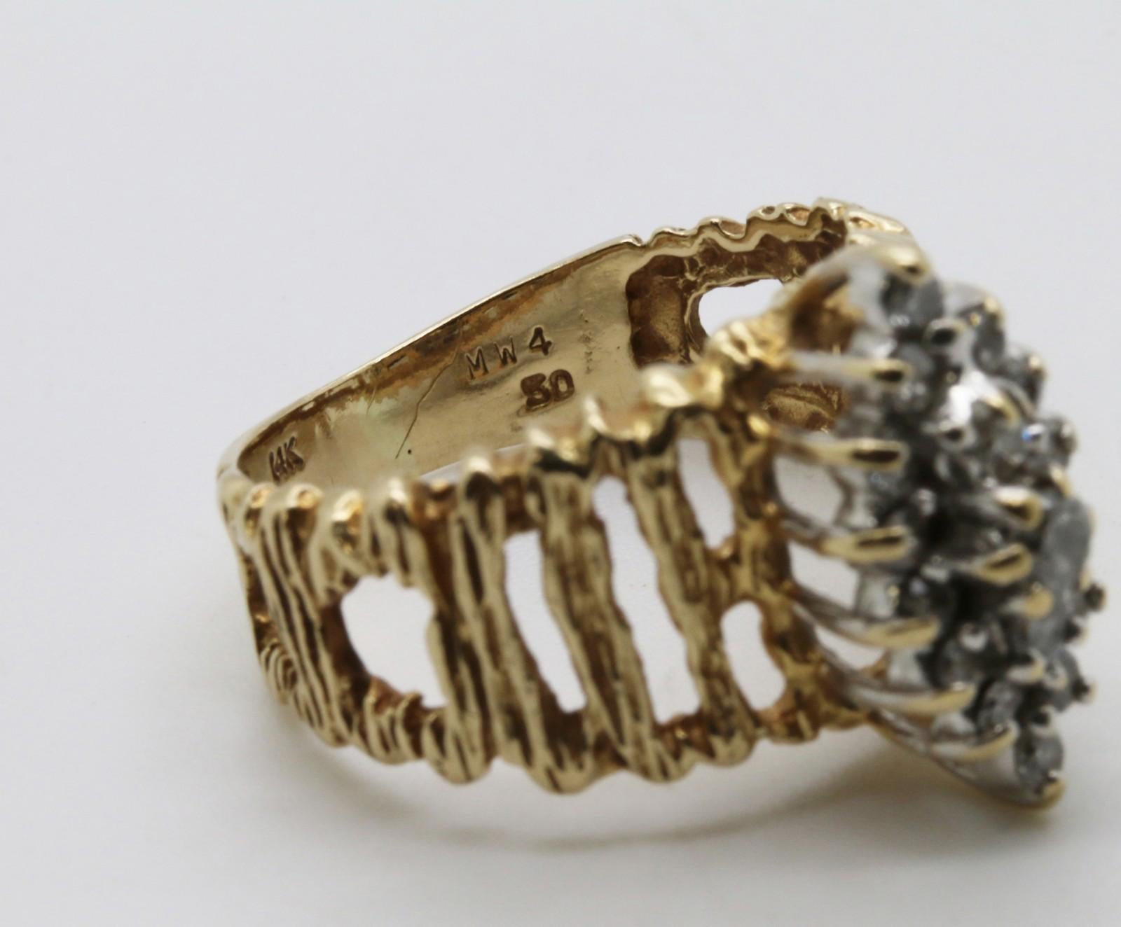 Solid 14k Gold ring with 17 Diamonds 0.5 TCW Oval Design Aged Reclaimed Wood sz6