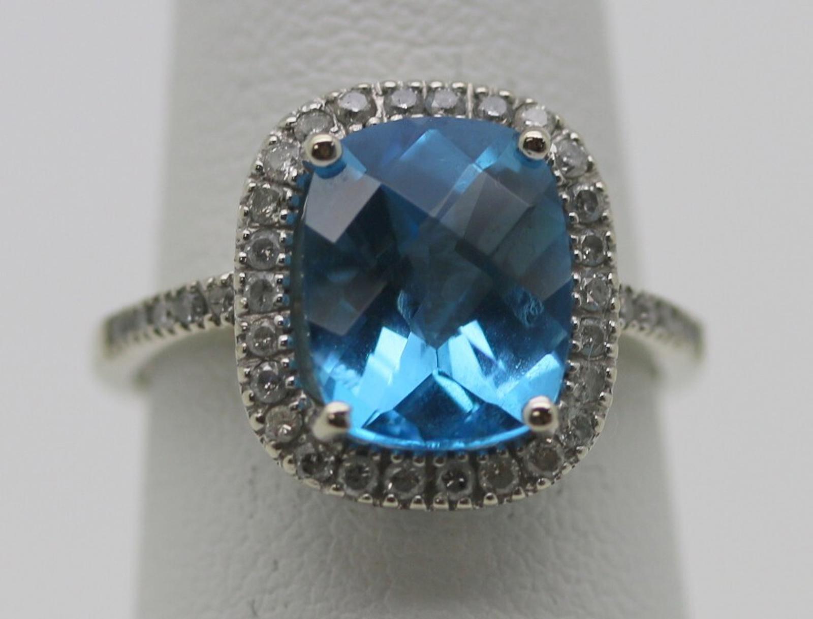 EMA White Gold Ring w/ Cushion Cut Blue Topaz & Diamonds Halo, 14Kt, Size 5.25