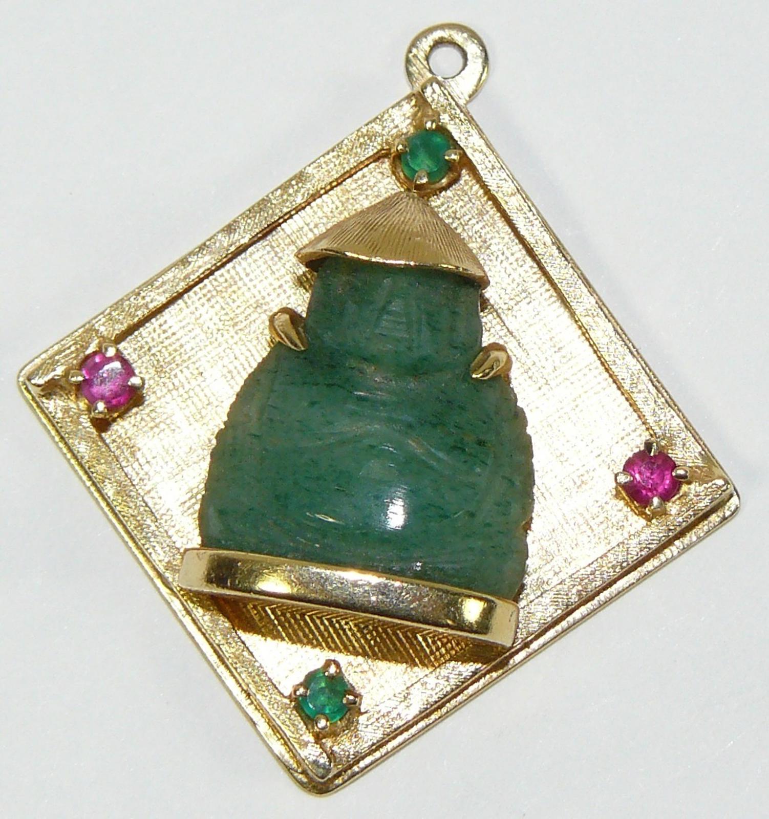 Carved Jade Buddha Pendant 14k Gold 8.6g Unisex Design Chinese w/ Gemstones 