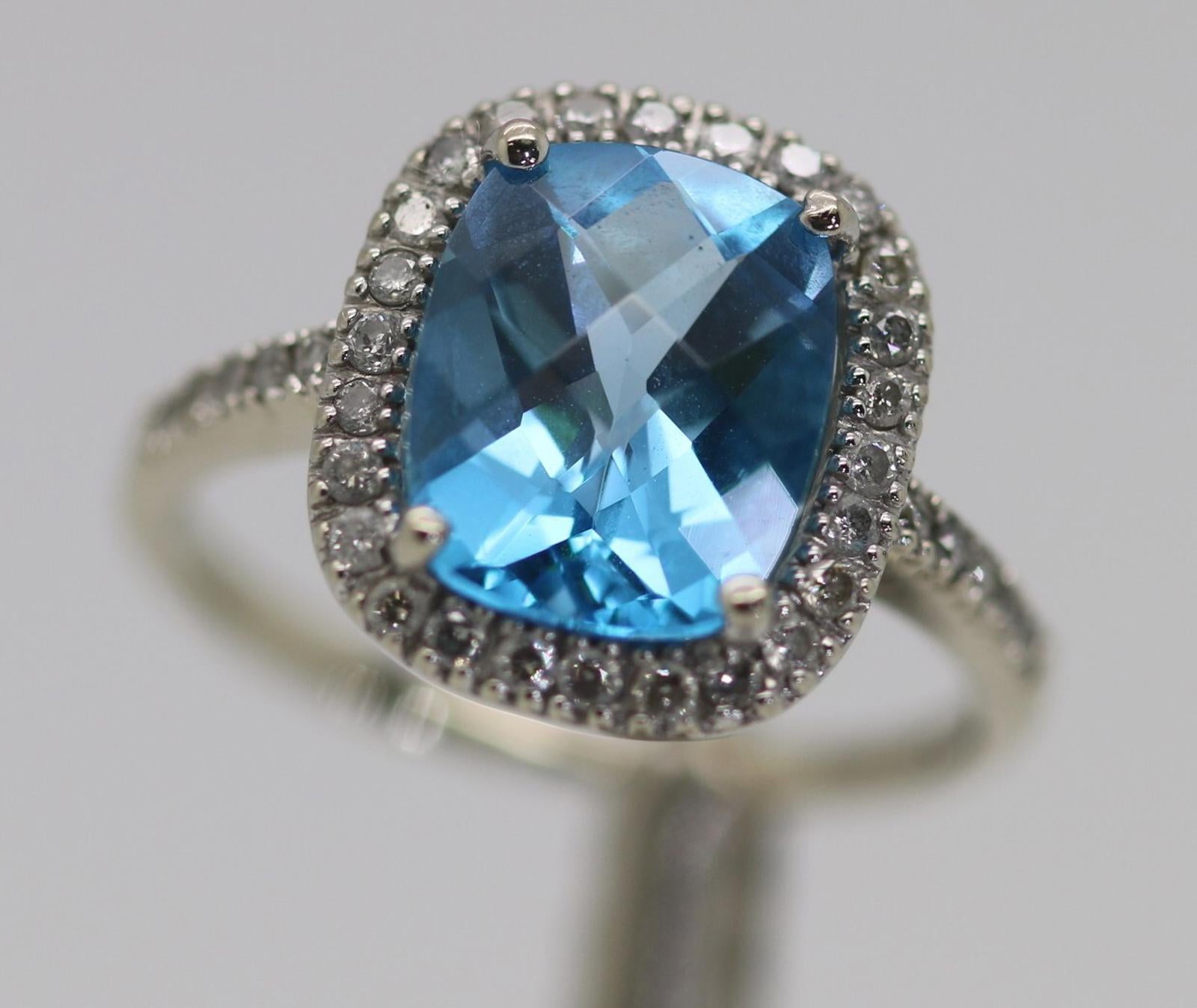 EMA White Gold Ring w/ Cushion Cut Blue Topaz & Diamonds Halo, 14Kt, Size 5.25